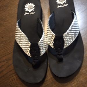 Yellow box wedge flip flops